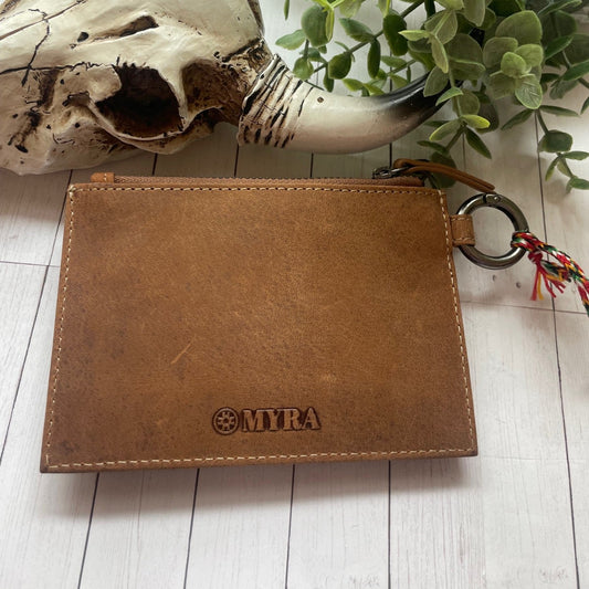 Brown leather wallet with 'MITRA' branding on a light wooden surface with a skull and plant in the background.