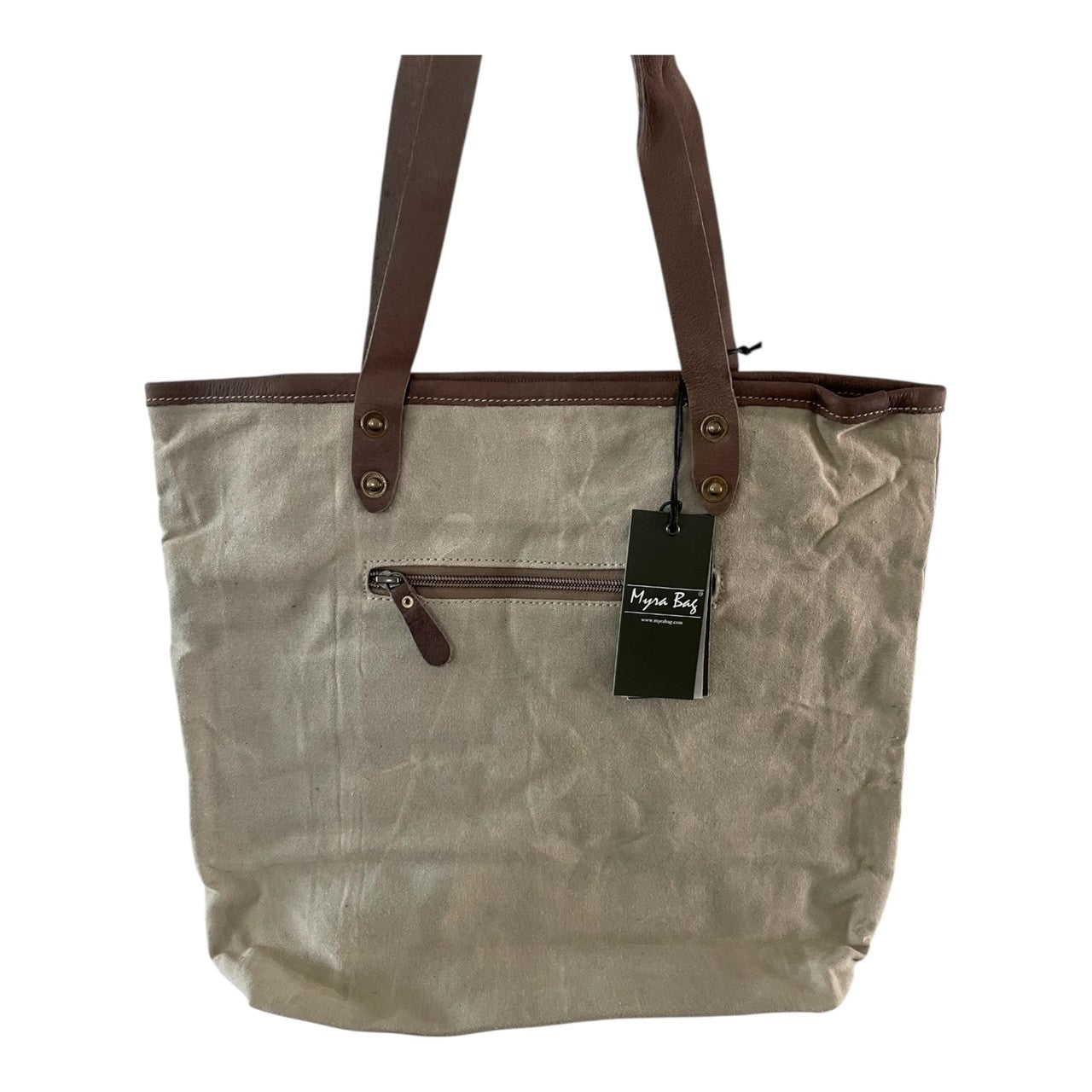 Brown tote bag with leather handles and a visible brand tag on a white background