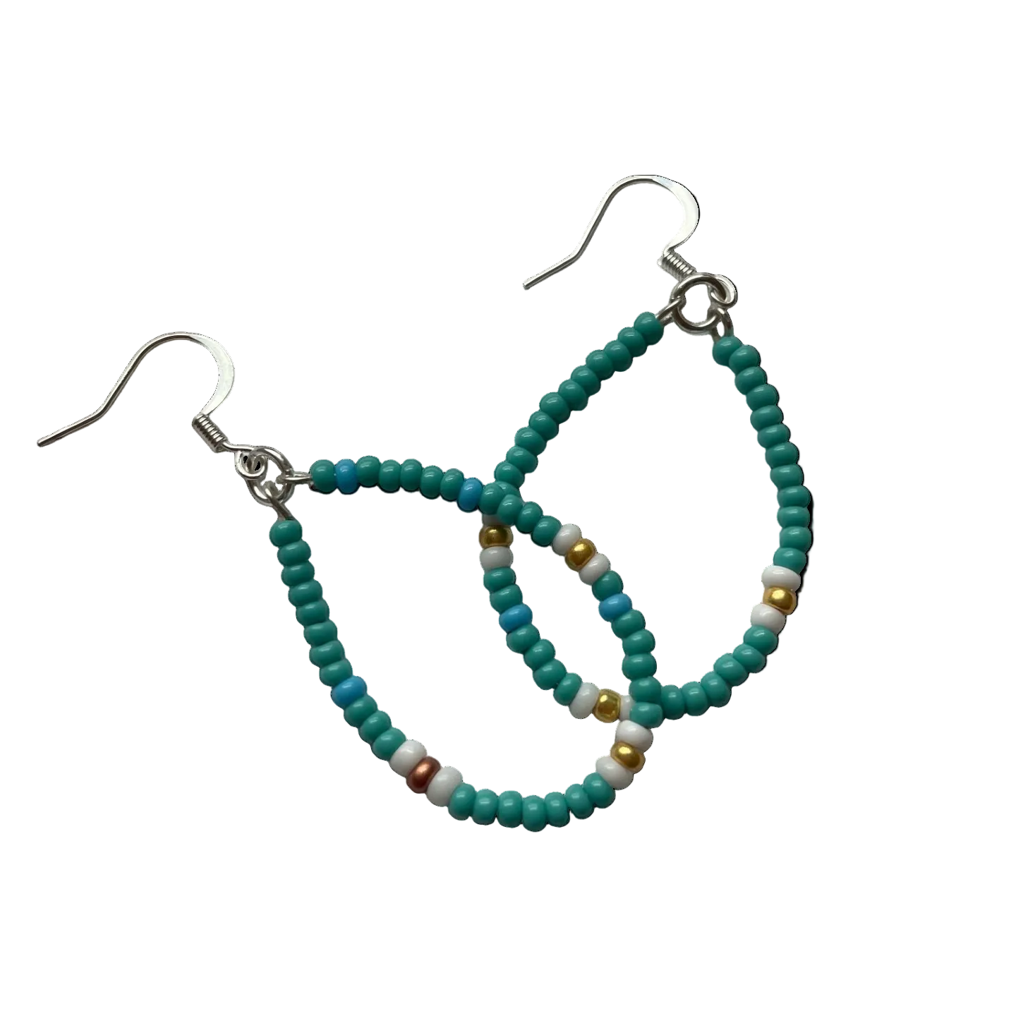A pair of handmade beaded teardrop dangle earrings with turquoise blue beads, small white and gold accent beads, and silver fishhook wires, shown on a plain white background.