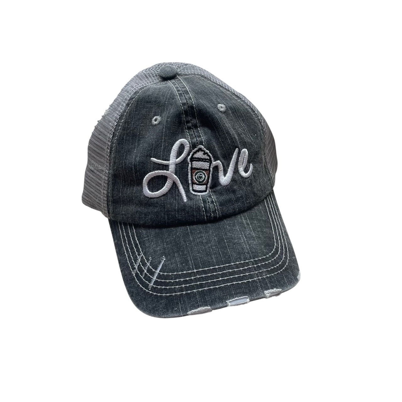 Black distressed baseball cap with 'love' and a heart-shaped camera design on a white background