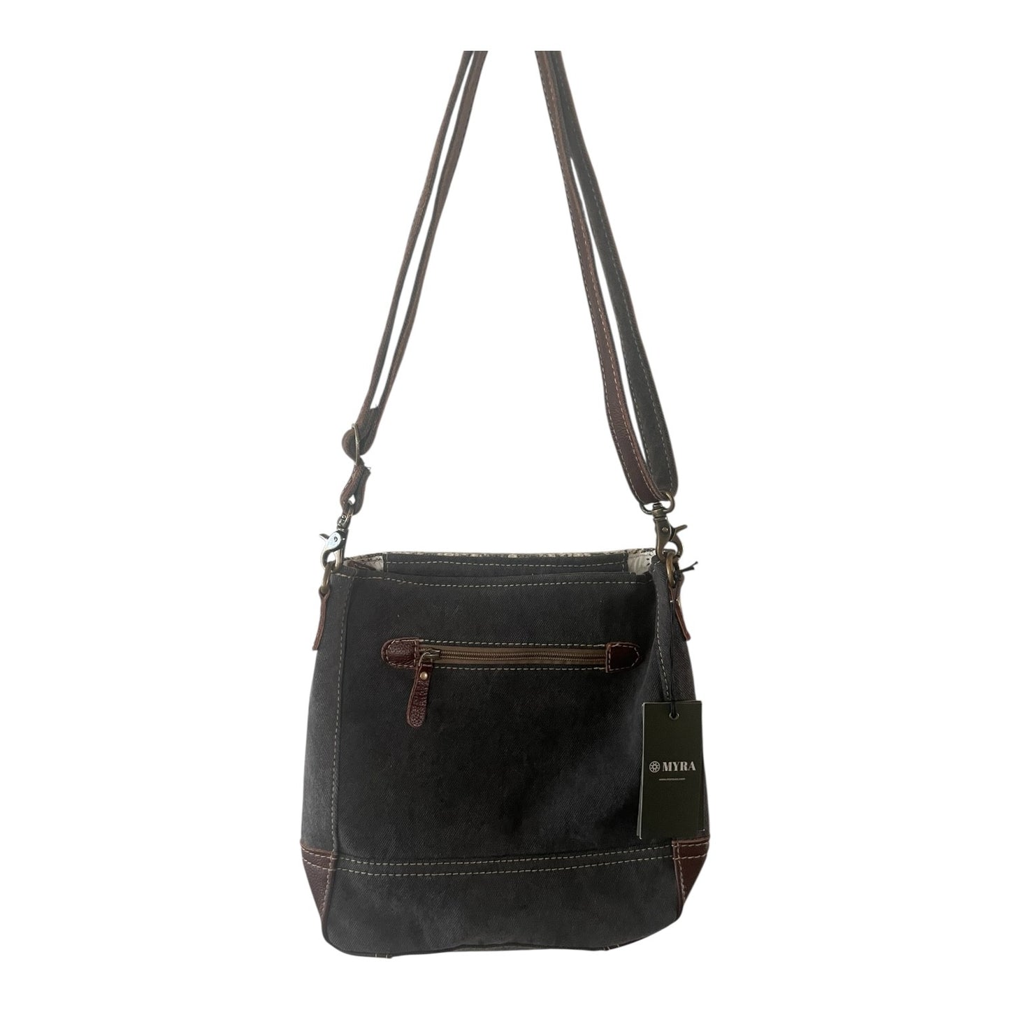 Black shoulder bag with a visible brand tag on a white background