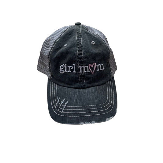 Black cap with 'girl mom' text and heart symbol on a white background
