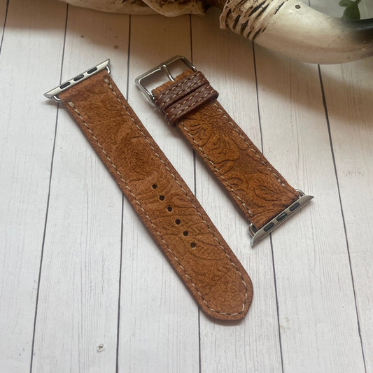 tooled brown leather watch band