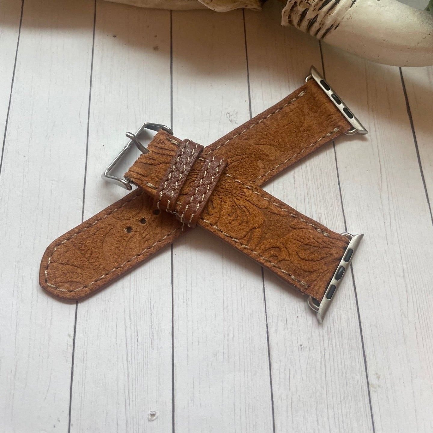 tooled brown leather watch band