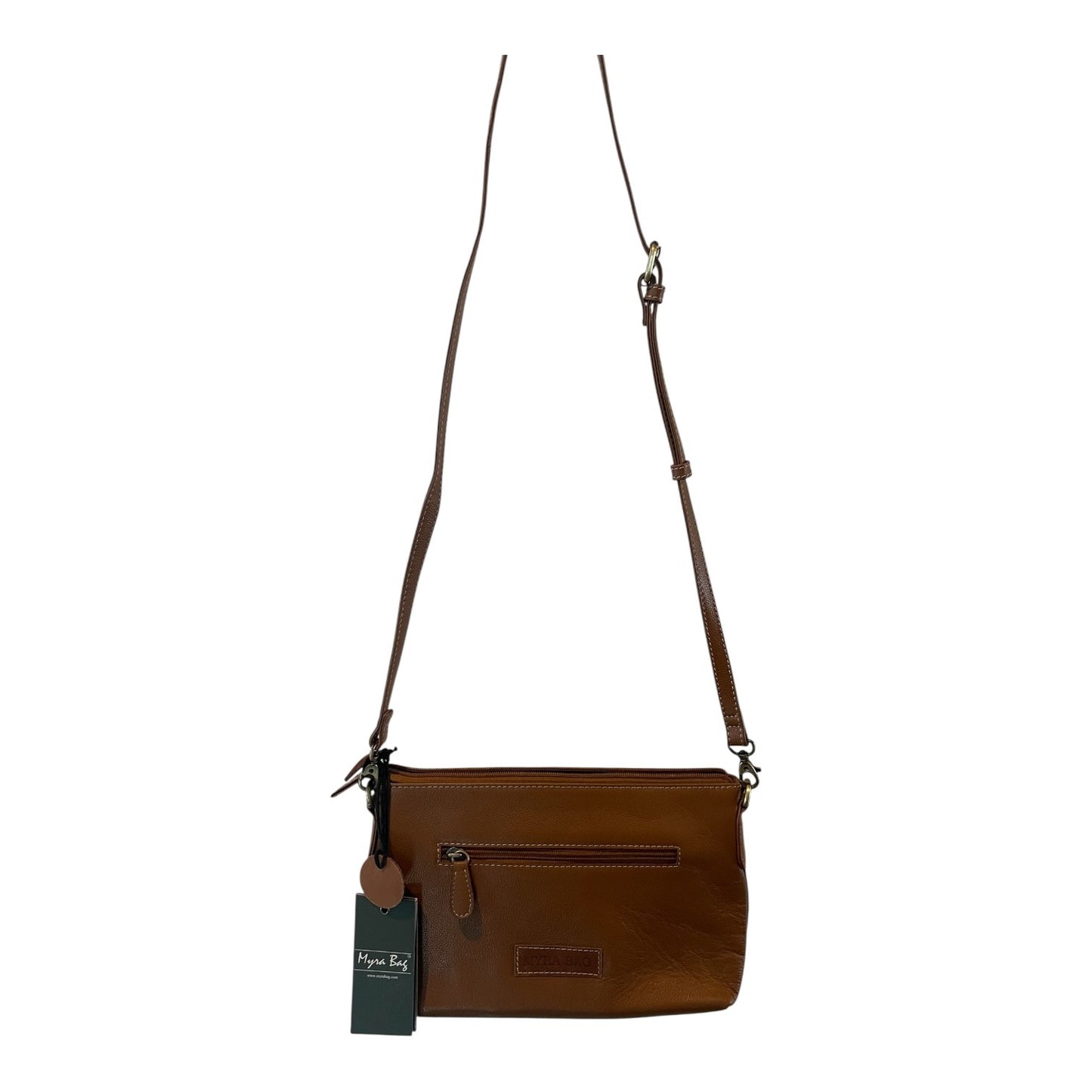 Brown leather crossbody bag with a visible tag on a white background
