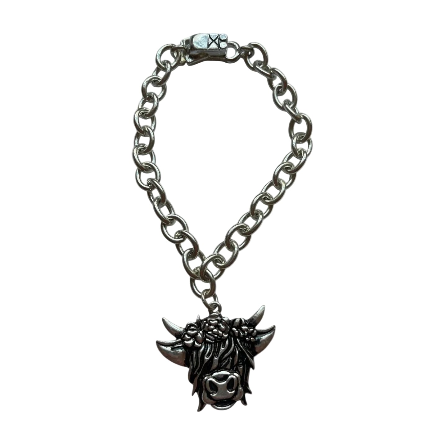 A silver-toned metal chain bracelet with a dark-finished gothic skull-and-fangs pendant, displayed on a plain white background.