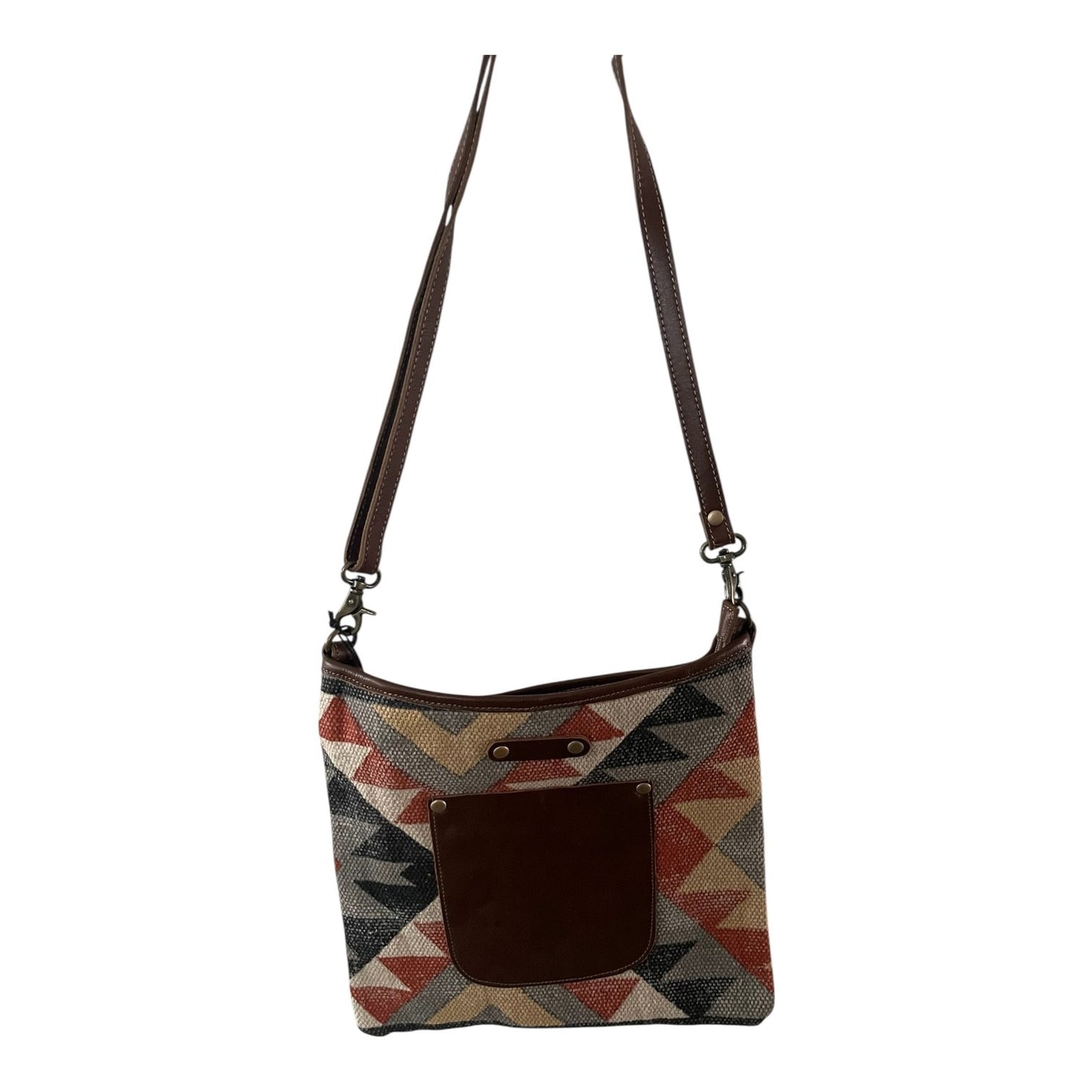 Crossbody bag with geometric pattern on a white background
