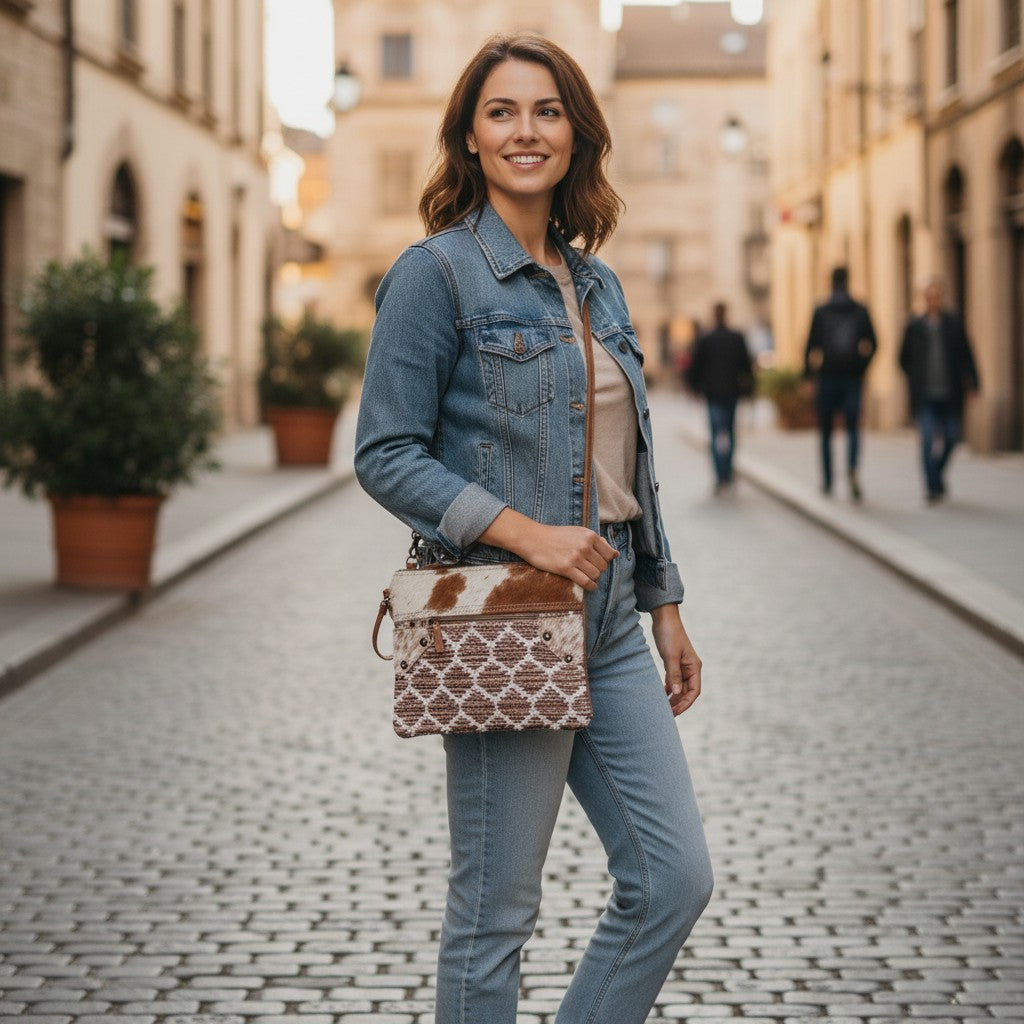 Woman in denim jacket and jeans holding a patterned handbag on a city street.
