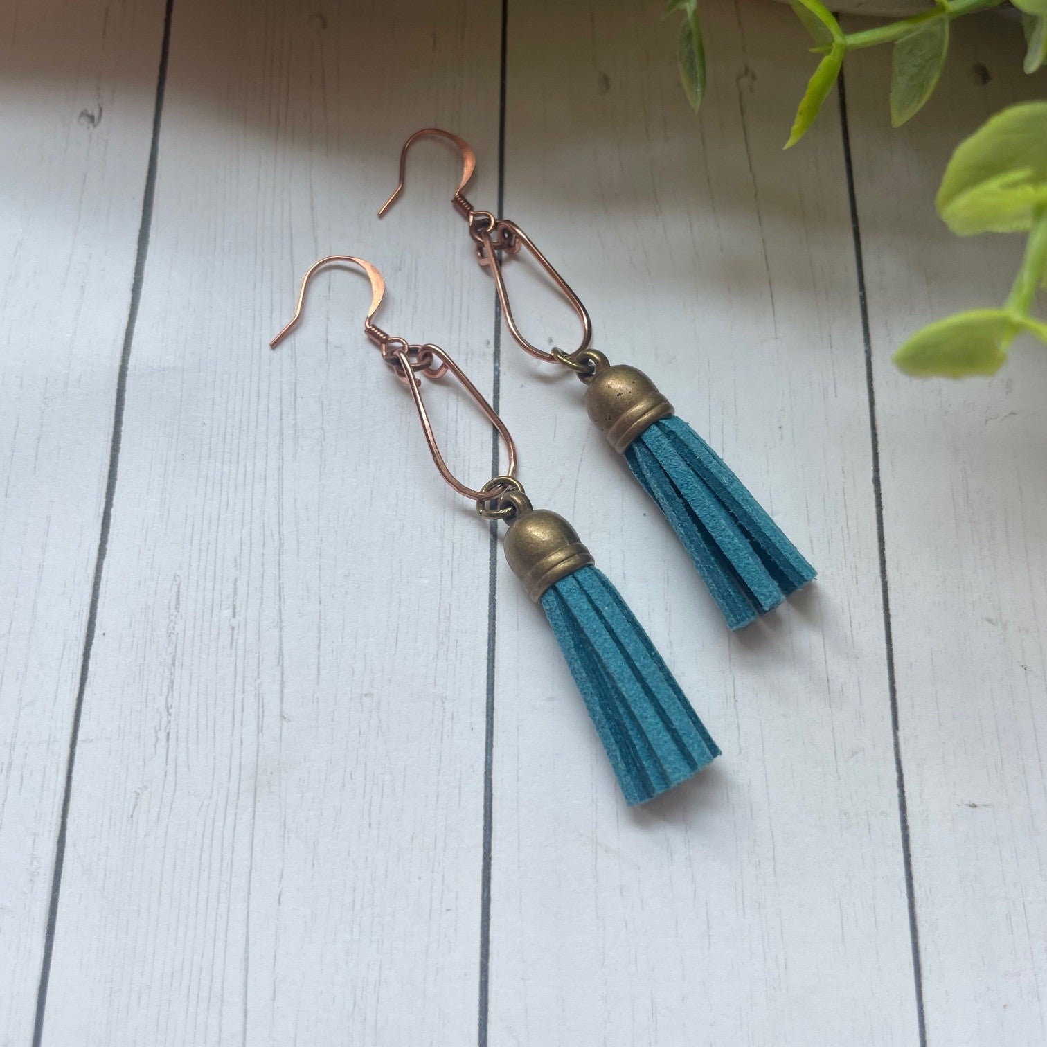 Copper Wire and Turquoise Tassel Earrings