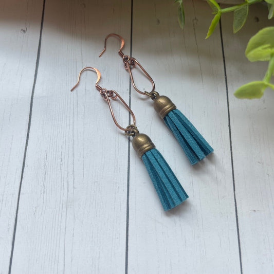 Copper Wire and Turquoise Tassel Earrings