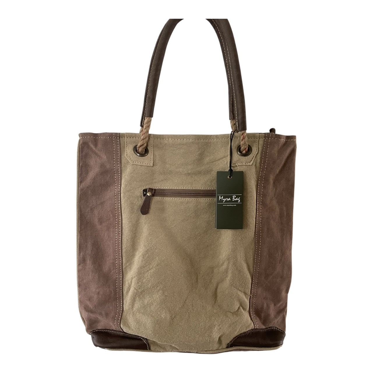 Brown and beige tote bag with a tag on a white background