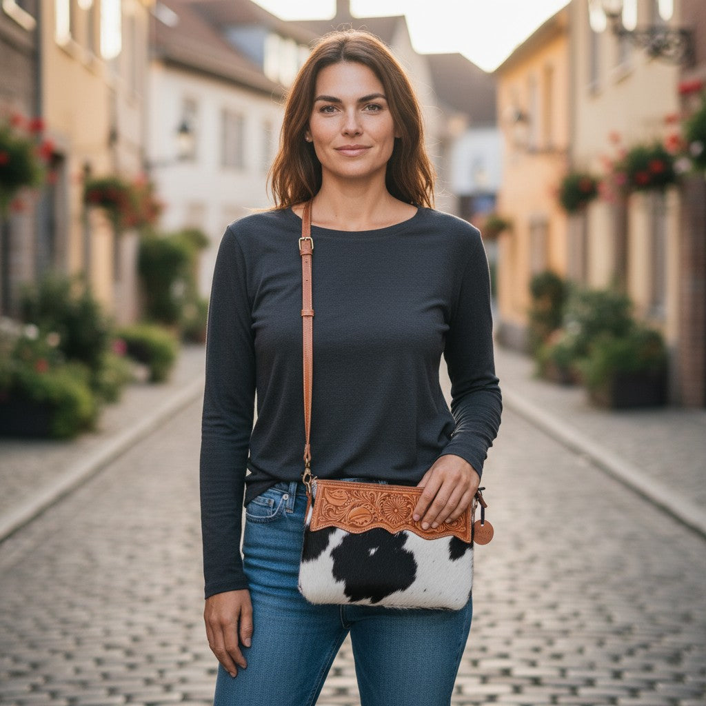 Woman holding a cow print bag on a street with blurred background