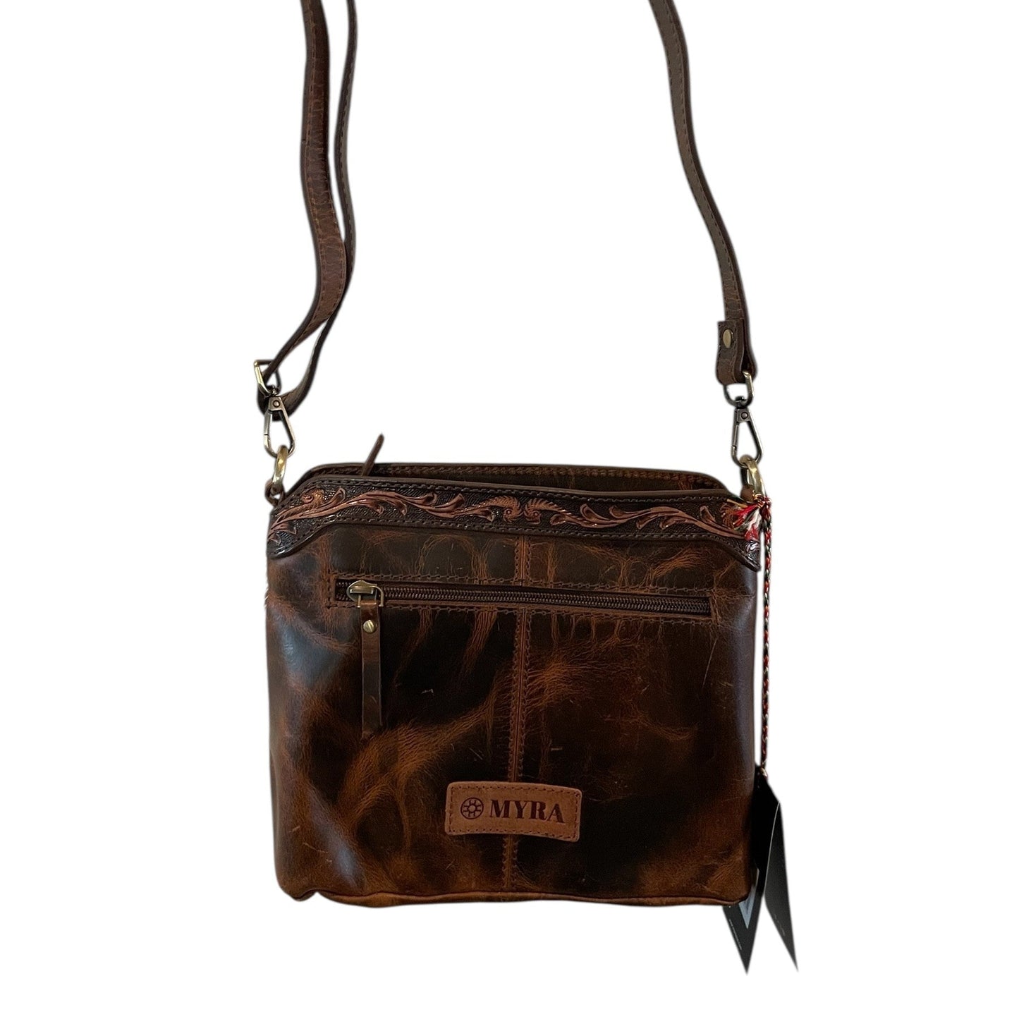 Brown leather crossbody bag with visible brand name on a white background