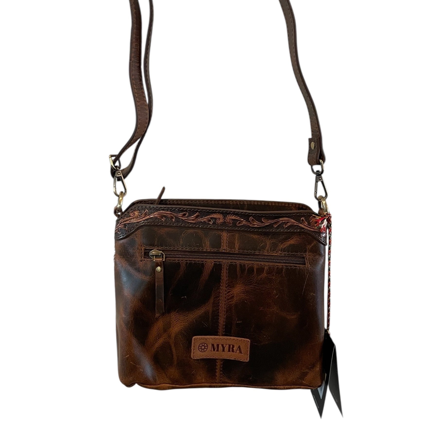 Brown leather crossbody bag with visible brand name on a white background