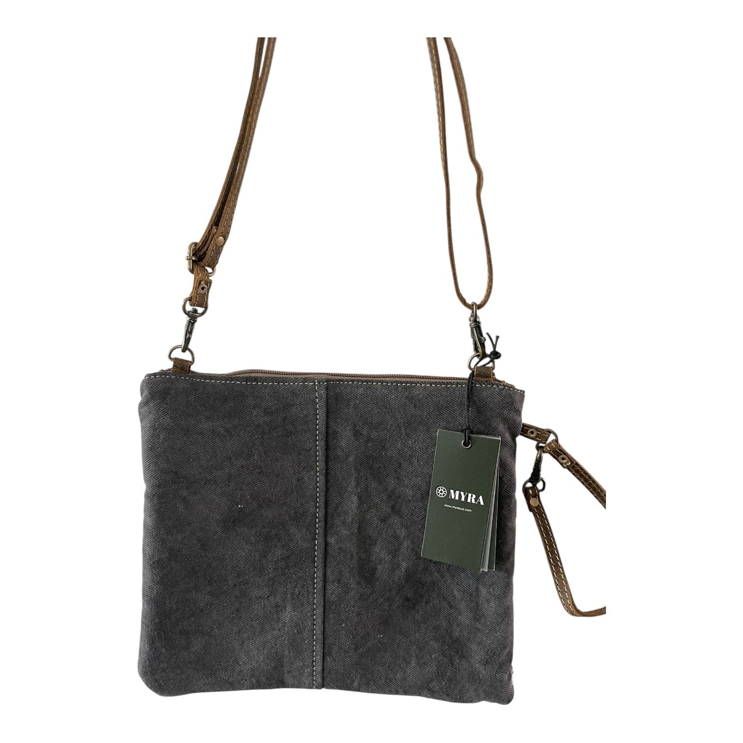 Gray handbag with brown strap and visible brand tag on a white background