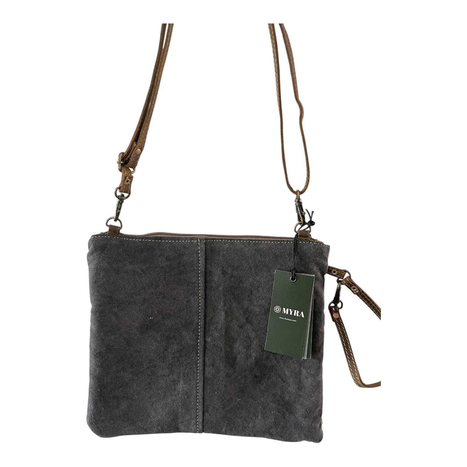 Gray handbag with brown strap and visible brand tag on a white background