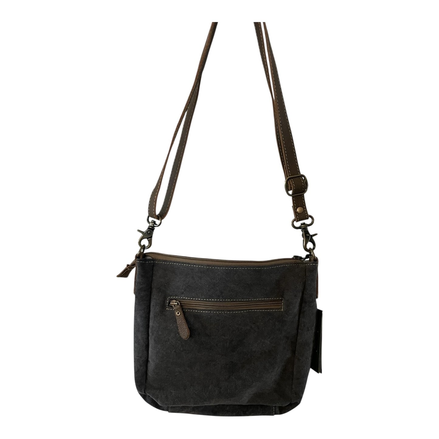 Black crossbody bag with brown straps on a white background