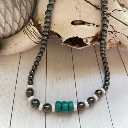Round Gunmetal Beads with Turquoise Round Bead Necklace