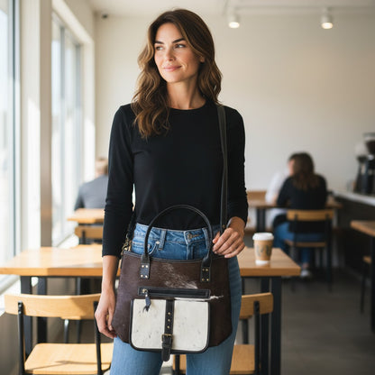 Woman holding a brown and white handbag in a cafe setting