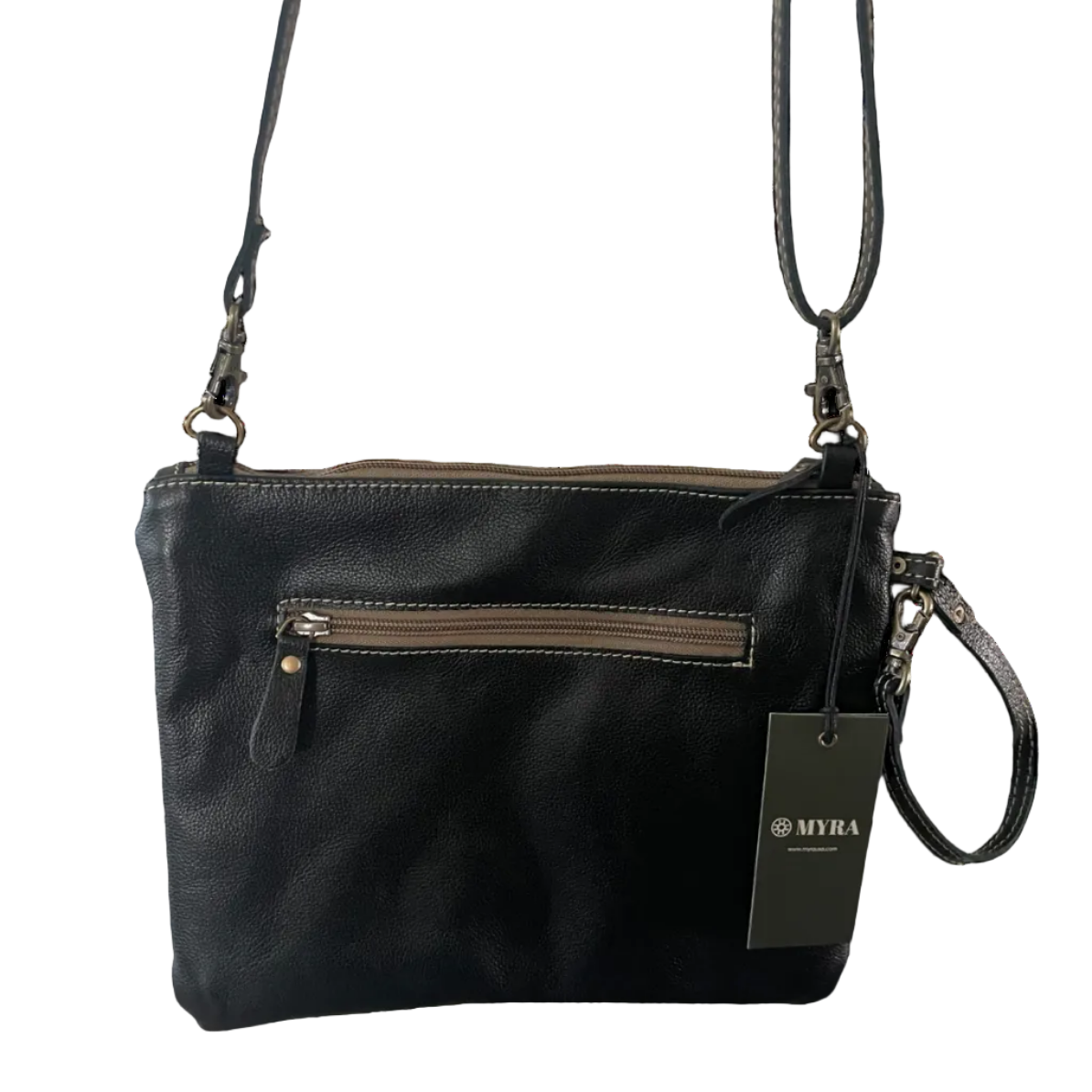 Black leather handbag with a strap on a white background, featuring the MYRA brand.