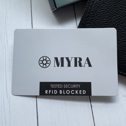 RFID blocking card with MYRA branding on a white surface