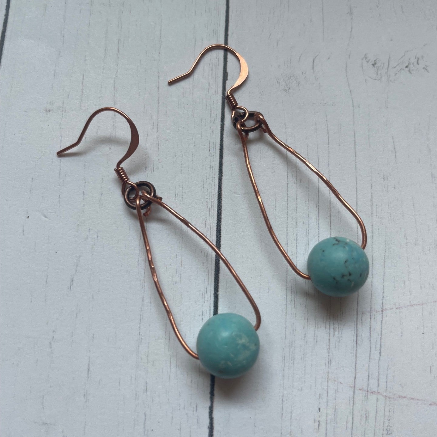 copper wire and turquoise bead earrings
