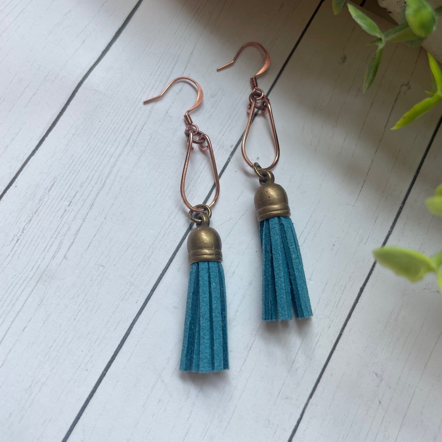 Copper Wire and Turquoise Tassel Earrings