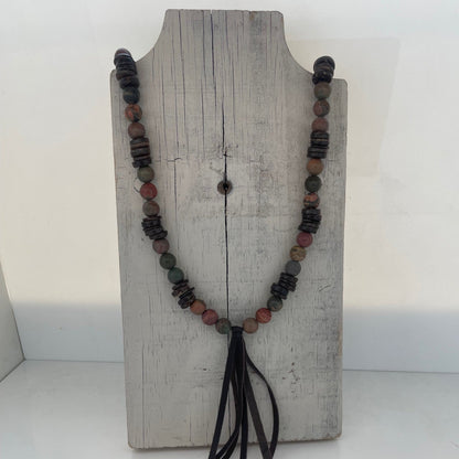 Picasso Jasper Necklace with Wood Beads and Leather Tassel
