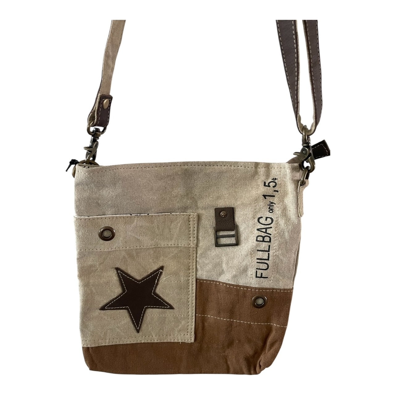 Canvas crossbody bag with star detail and 'FULL BAG' text on a white background