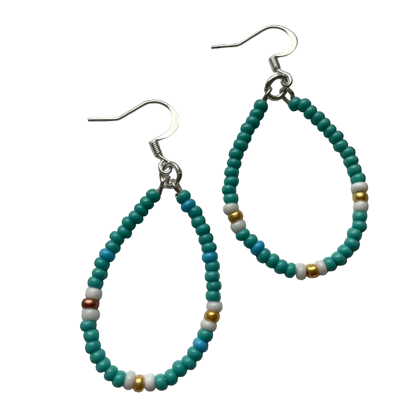 Teardrop-shaped beaded dangle earrings with turquoise and teal beads, accented with small white, brown, and gold beads, hanging from silver fishhook wires on a white background.