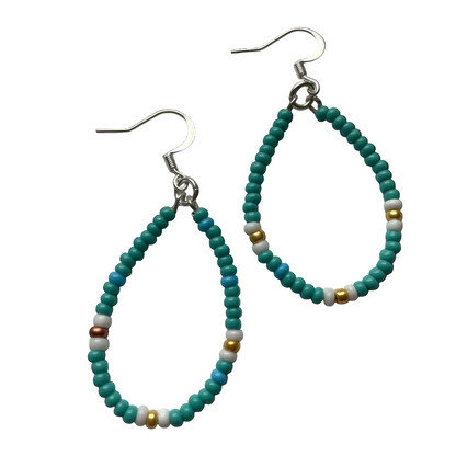 Teardrop-shaped beaded dangle earrings with turquoise and teal beads, accented with small white, brown, and gold beads, hanging from silver fishhook wires on a white background.