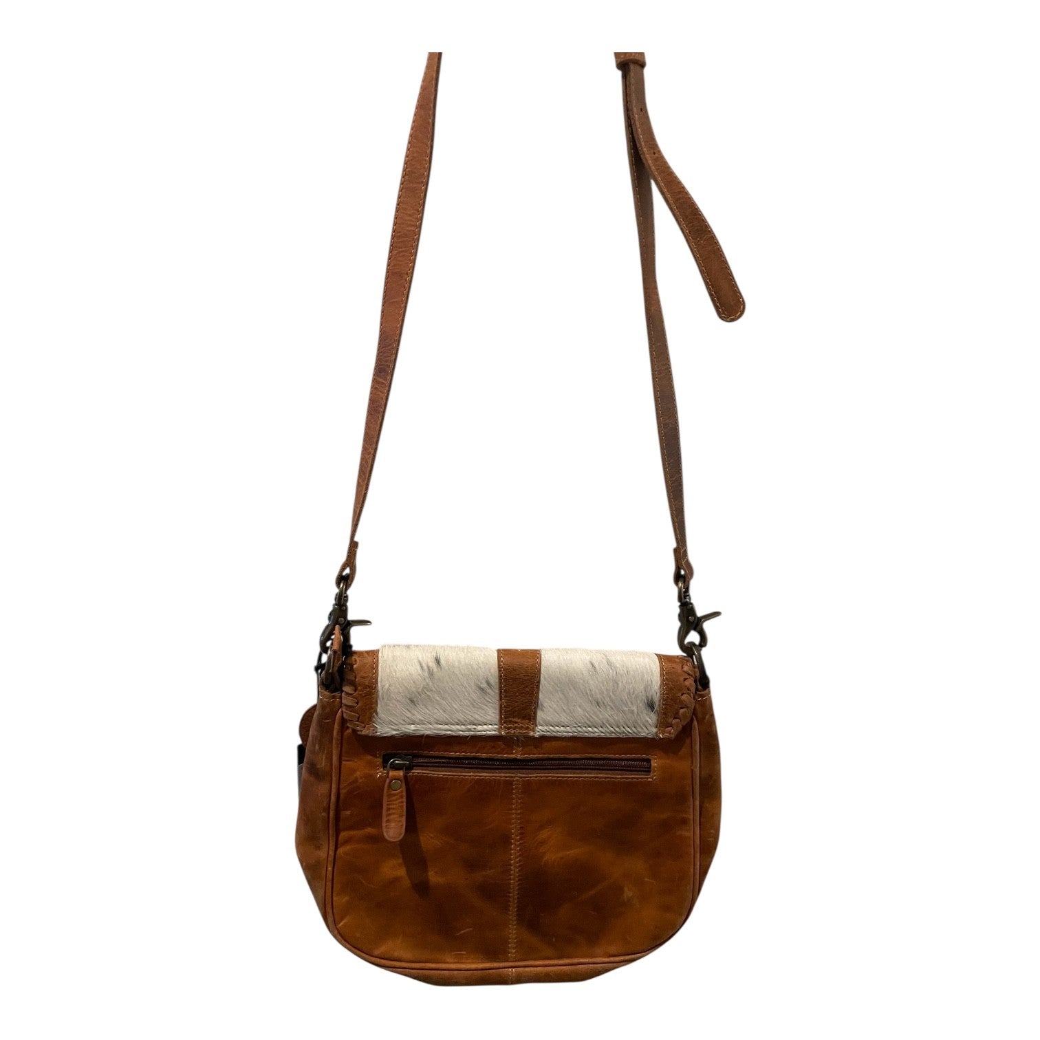 Brown leather handbag with a white stripe on a white background