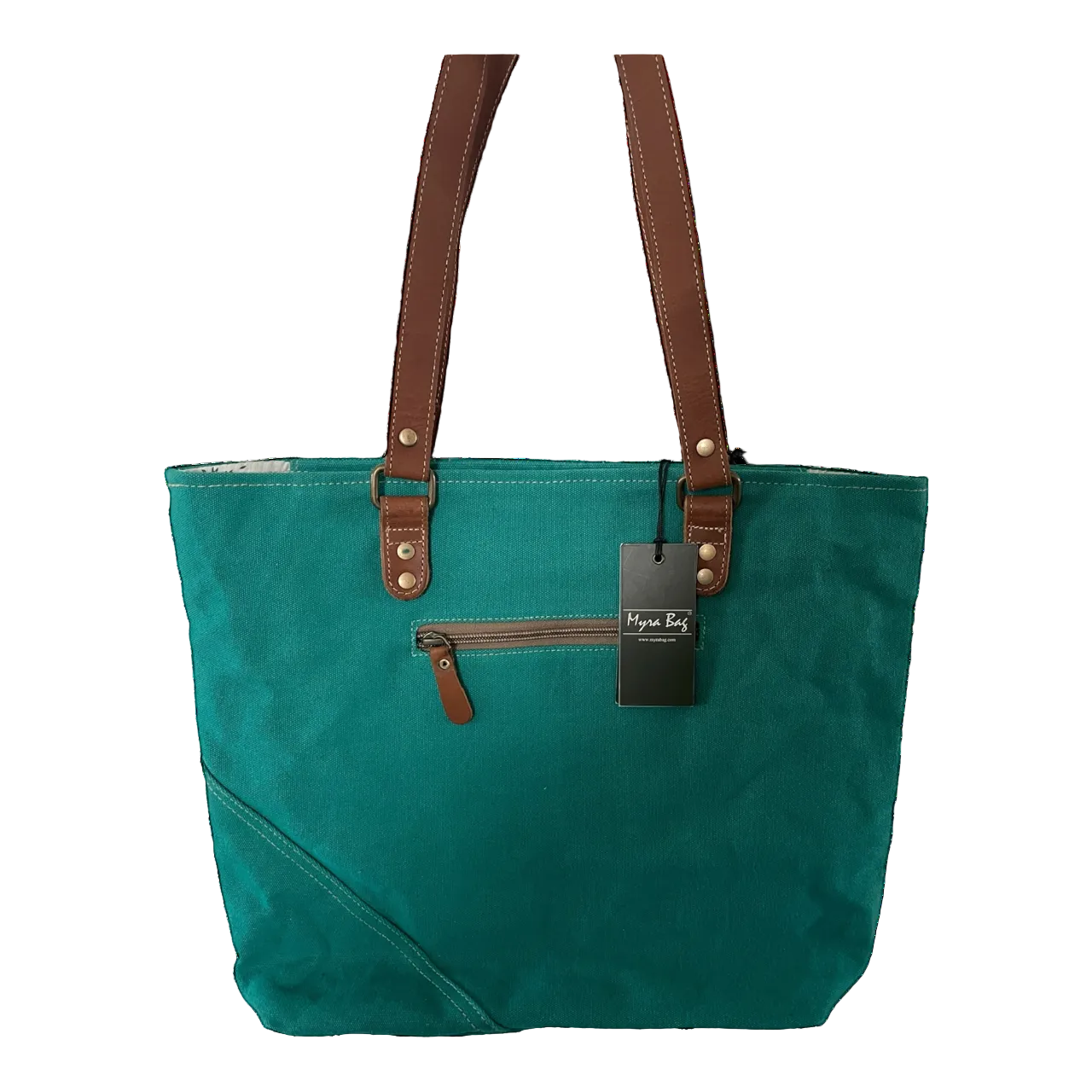 Teal tote bag with brown straps and a tag on a white background