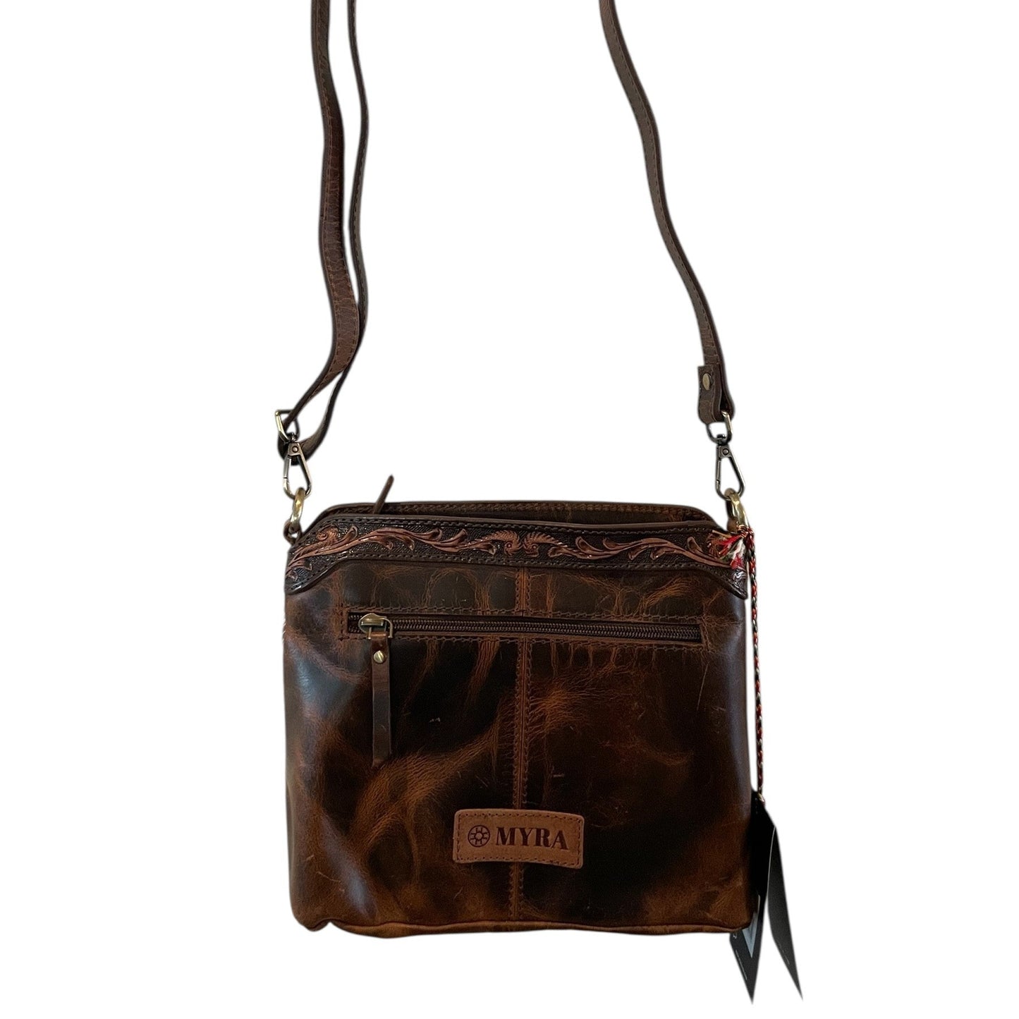 Brown leather crossbody bag with visible brand name on a white background
