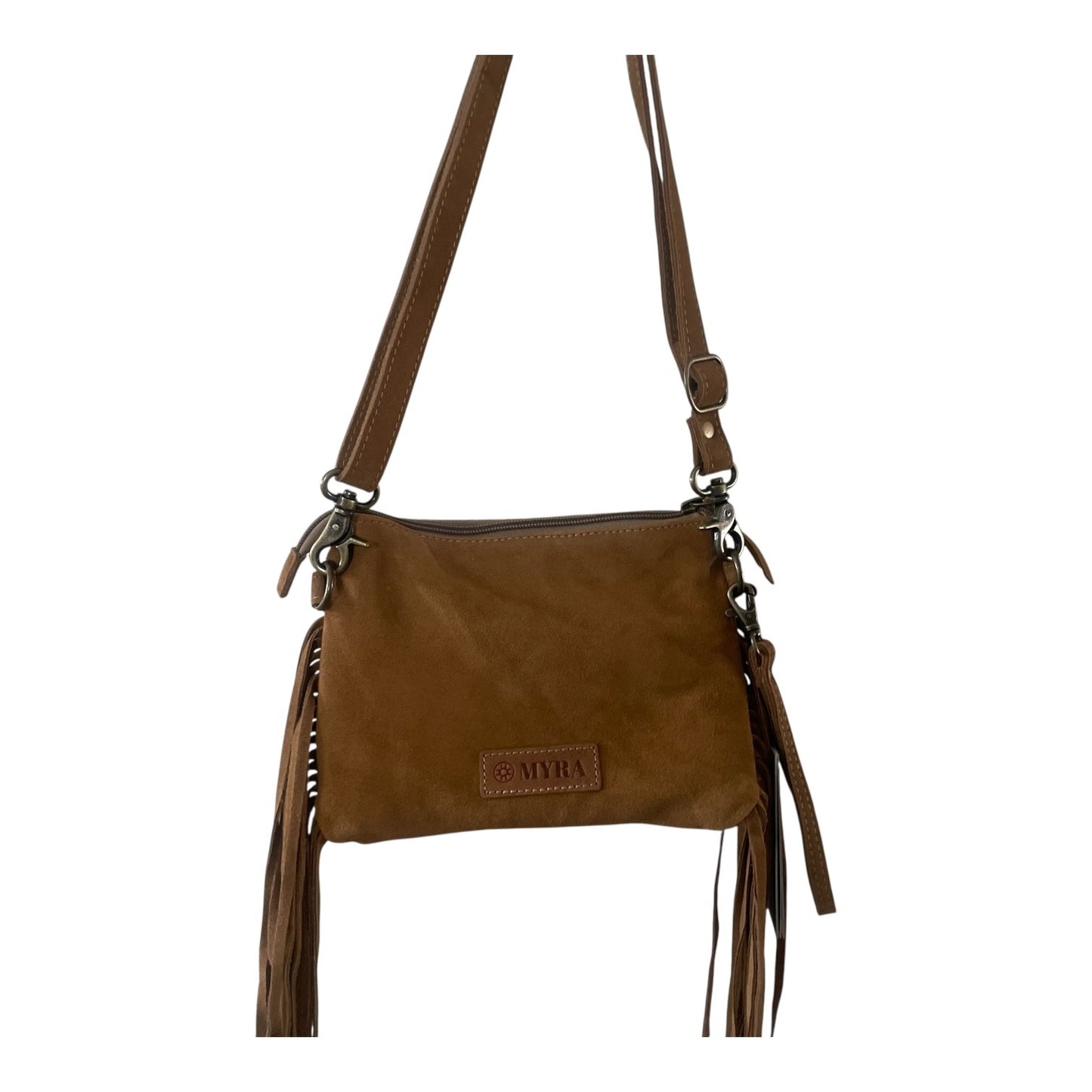 A brown suede crossbody bag with fringe details, a long shoulder strap, and a small rectangular brand patch on the front that reads 'MIRA'.