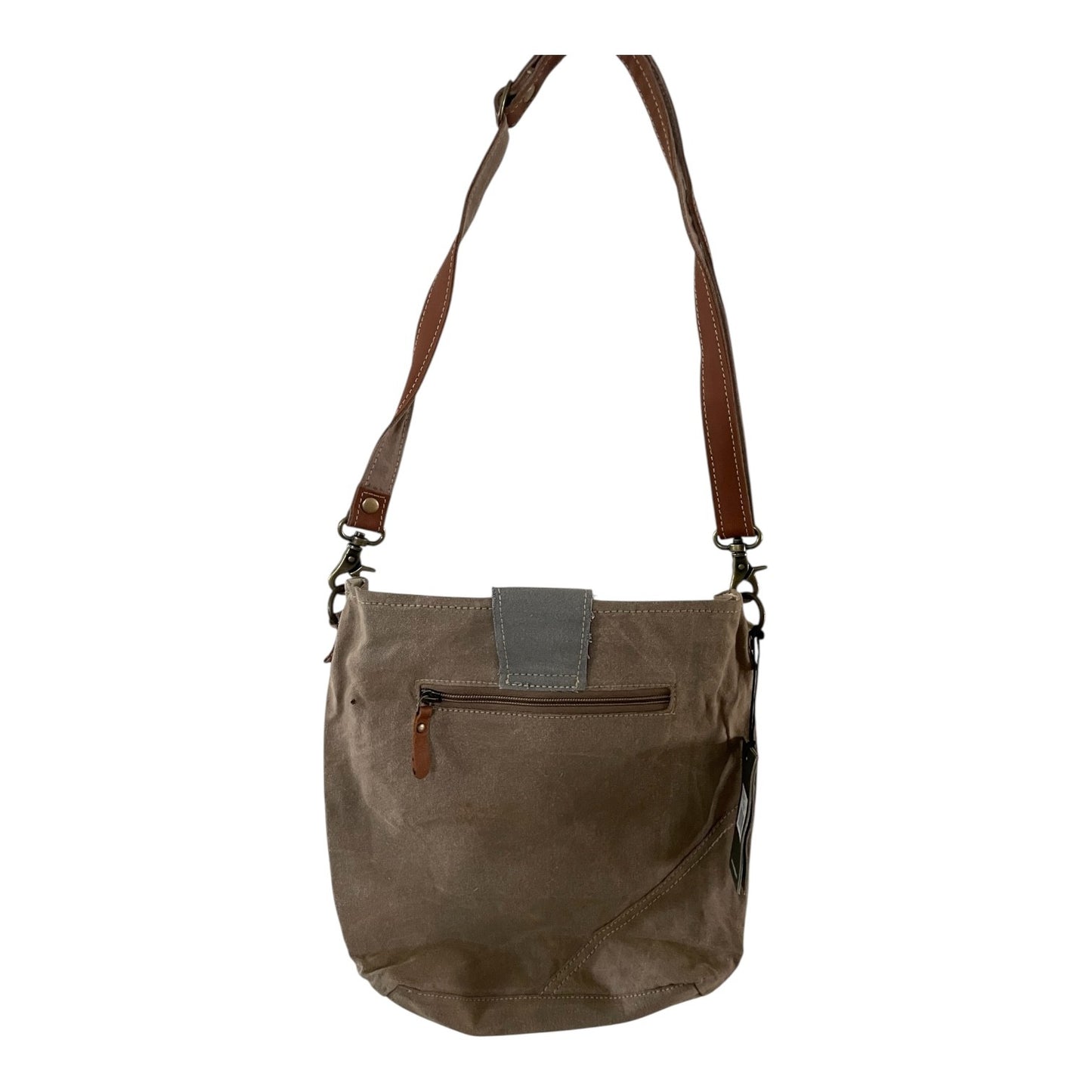 Brown leather shoulder bag with a strap on a white background