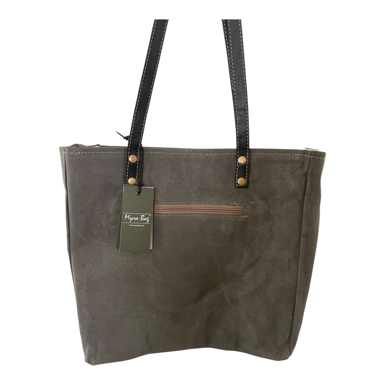 Gray tote bag with black straps and a visible brand tag on a white background
