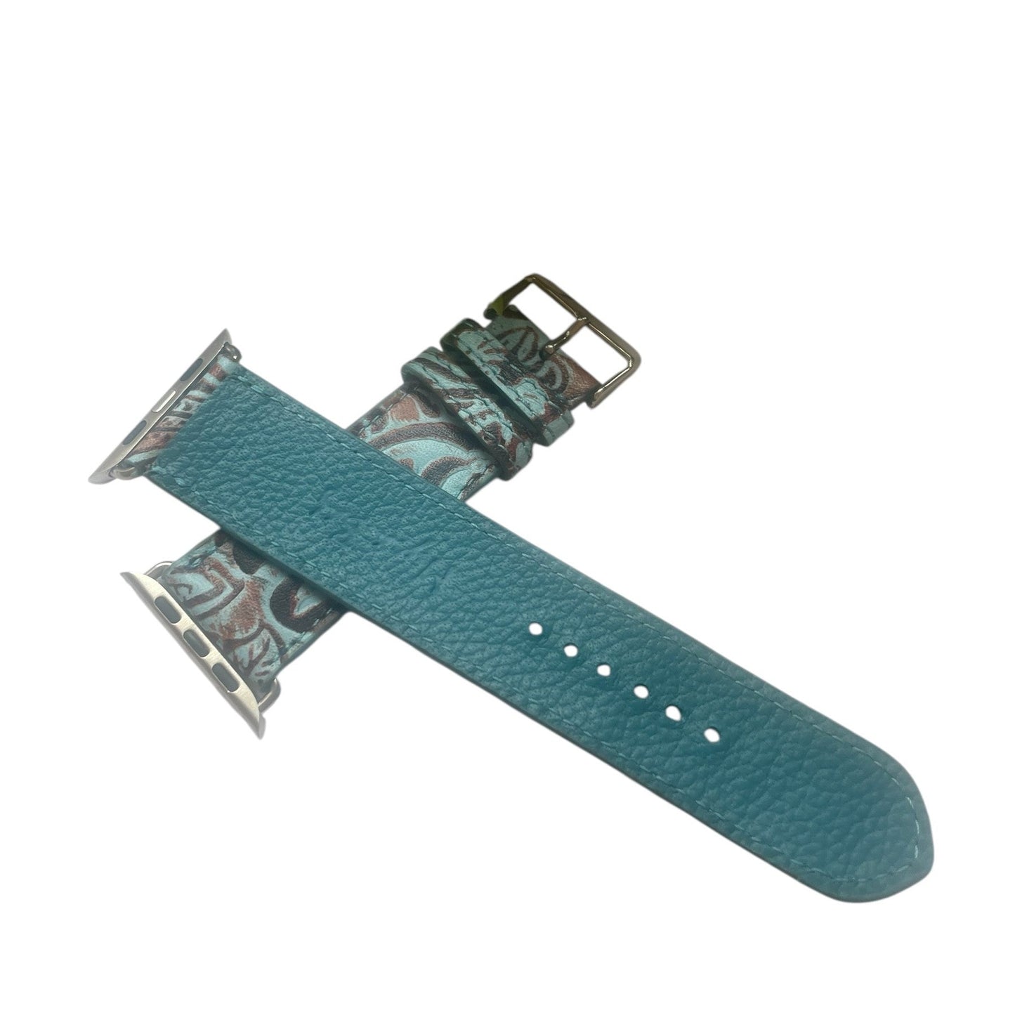 Teal watch strap with floral pattern on a white background