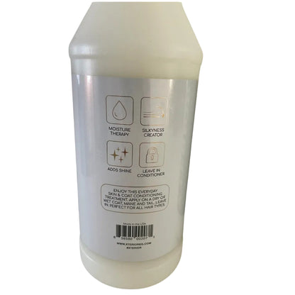 Bottle of hair care product with label on a white background