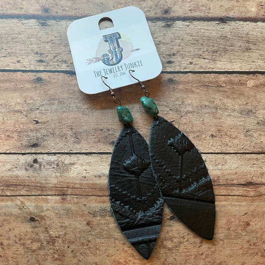 Black feather-shaped earrings with green accents on a wooden surface, featuring a brand label.