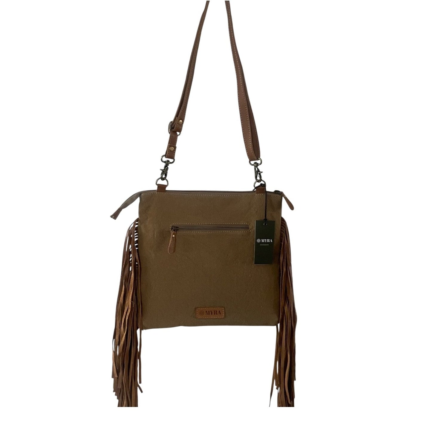 A brown crossbody bag with long fringe details, a front zip pocket, and a black hangtag, shown against a plain white background.