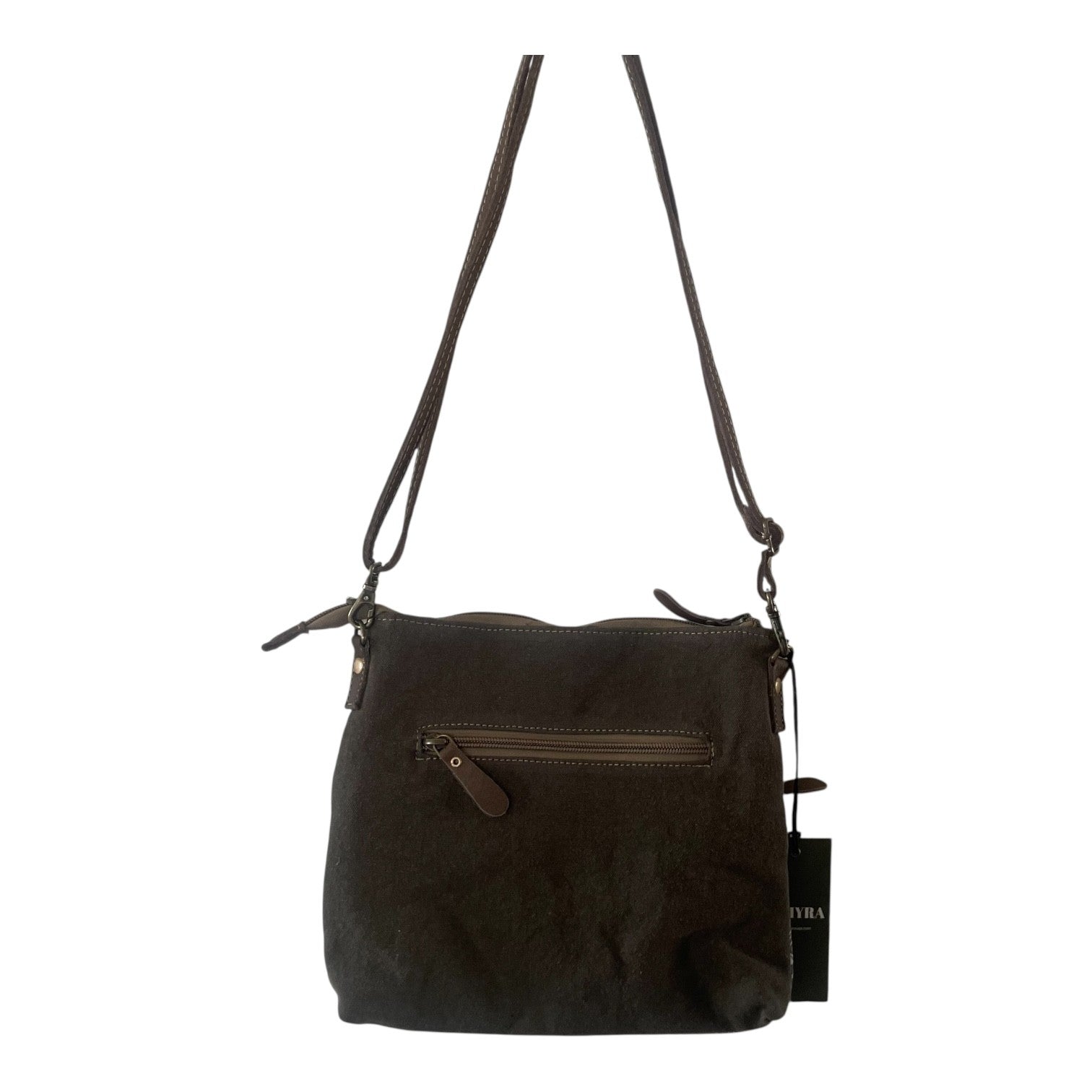 A dark brown textured crossbody bag with a front zippered pocket and a long shoulder strap, shown against a plain white background with a black hangtag attached.