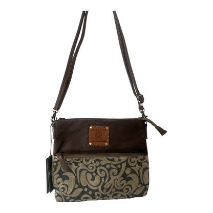 A dark brown leather crossbody bag with a patterned lower front pocket in olive green and beige, featuring a brown leather brand patch on the front.