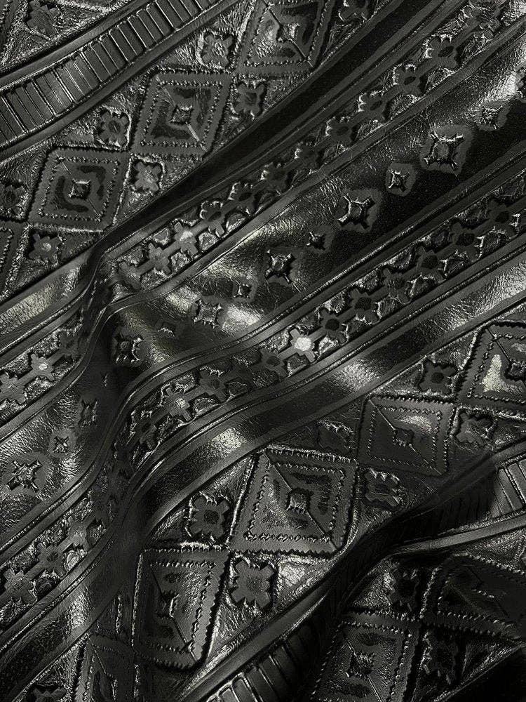 Close-up of embossed black leather with geometric patterns