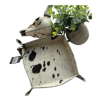 Decorative planter shaped like a cow skull with a plant inside on a white background
