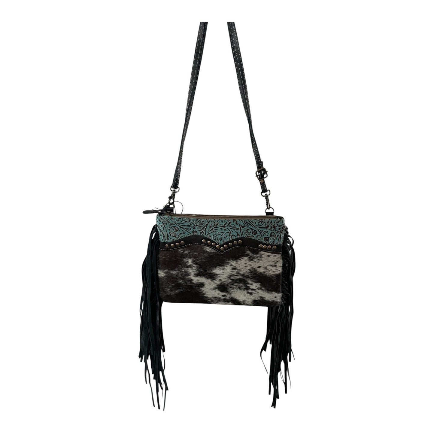 Black cowhide leather handbag with turquoise detailing and fringes on a white background