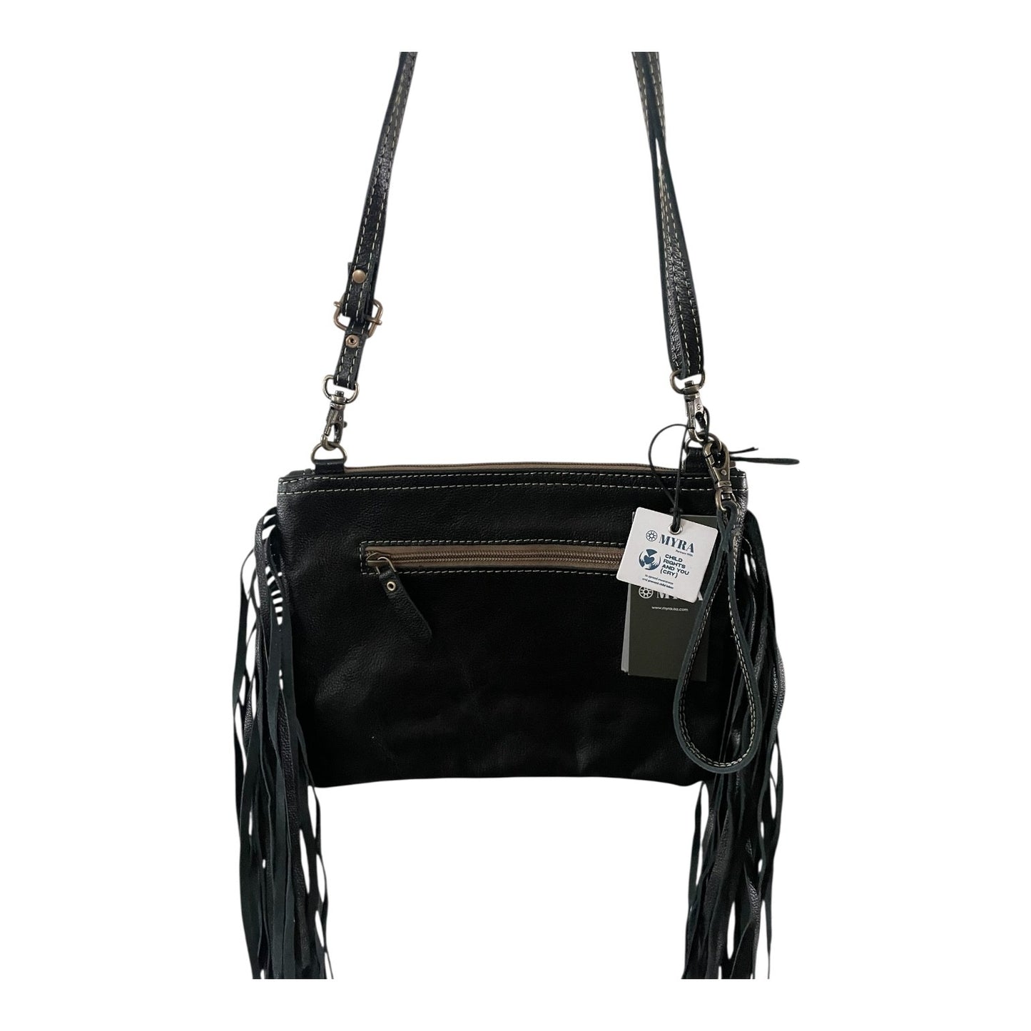 Black handbag with fringes on a white background