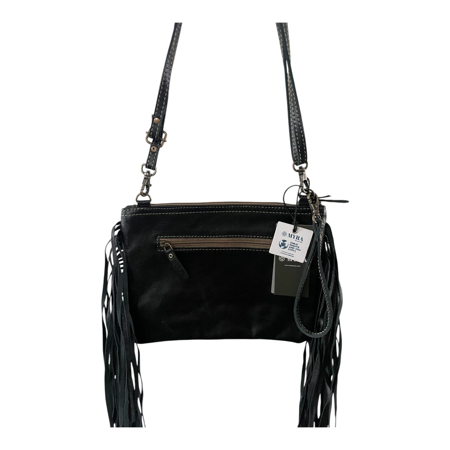 Black handbag with fringes on a white background