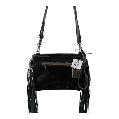 Black handbag with fringes on a white background