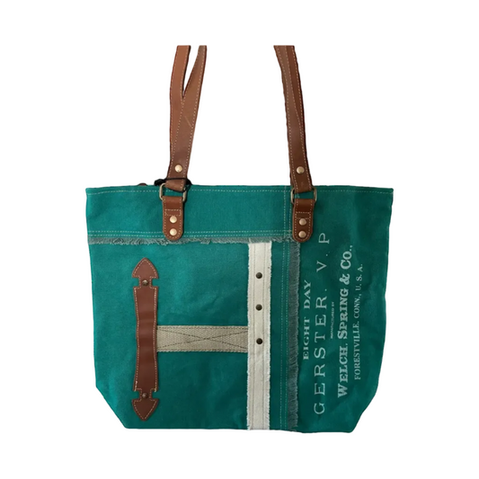 TEAL tote bag with brown straps and visible branding on a white background